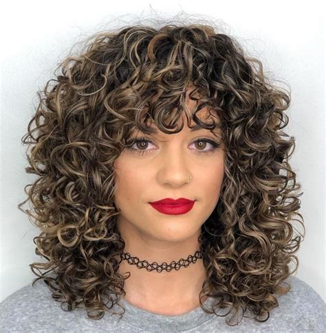 Mid-Length Curly Hairstyle with Curly Bangs #curlybangs | Medium curly ...