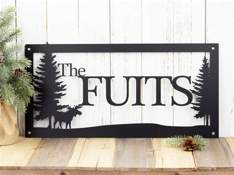 Custom Outdoor Family Last Name Metal Sign with Pine Trees - Black ...