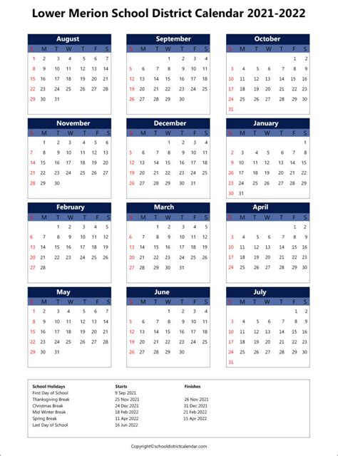 Lower Merion School District Calendar Holidays 2021-2022