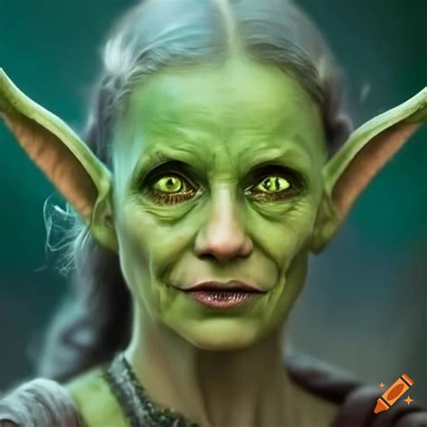 Illustration of a friendly green goblin woman with elf ears