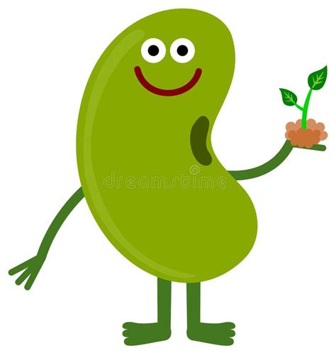 Bean and plant. Illustration of a cute cartoon bean holding a plant , # ...