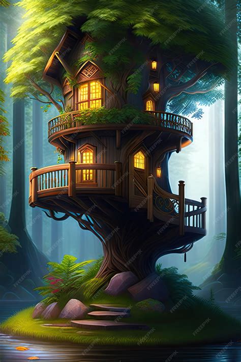 Premium AI Image | Tree house in an enchanted forest Fantasy stronghold