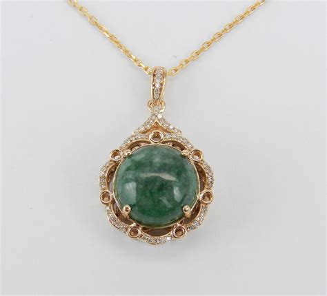 Natural Jade Necklace, Diamond and Jade Halo Pendant, 14K Yellow Gold ...