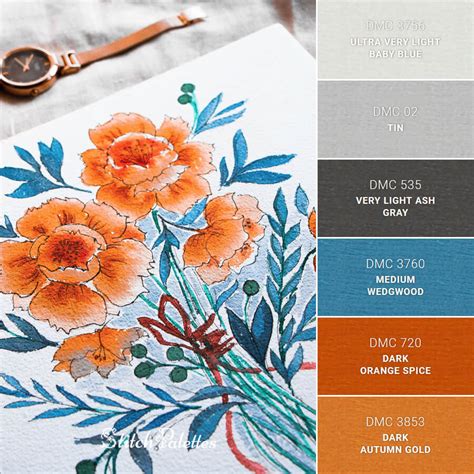 Blue Orange Watercolors - Embroidery Color Palette (With Thread Codes)