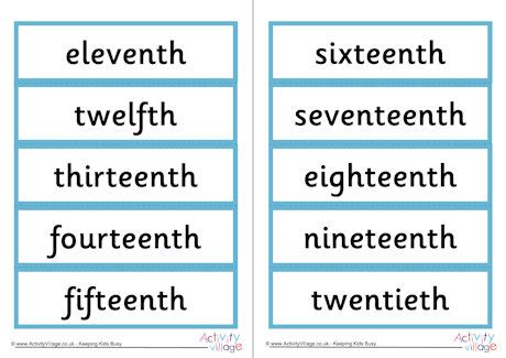 Ordinal Numbers Word Cards 11-20