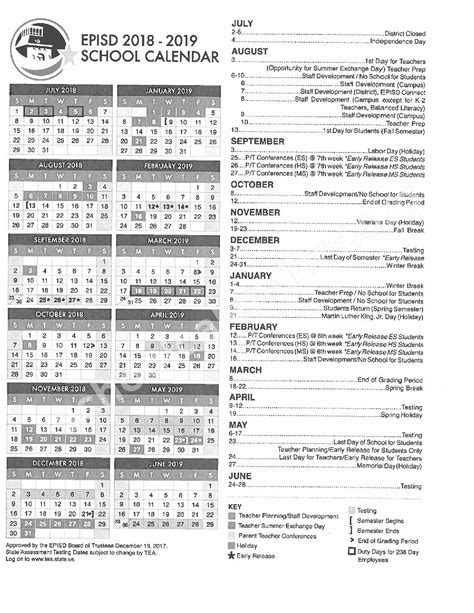 2018 - 2019 EPISD Calendar | El Paso Independent School District – El ...