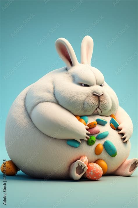 Fat tired rabbit overeating easter eggs cartoon, created with Generative AI technology Stock ...