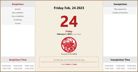 February 24, 2023 Almanac Calendar: Auspicious/Inauspicious Events and Time, Zodiac, Lucky Direction