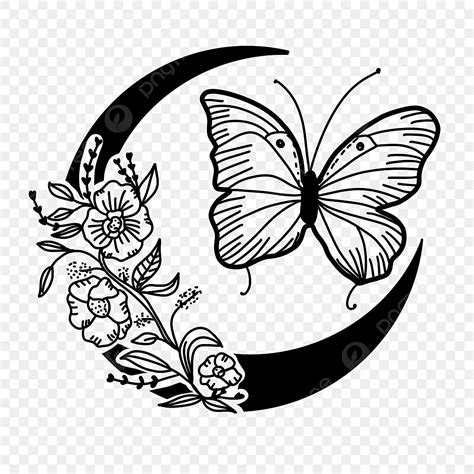 Flowers Butterflies Silhouette PNG Free, Beautiful Butterfly Flower Moon Black And White ...