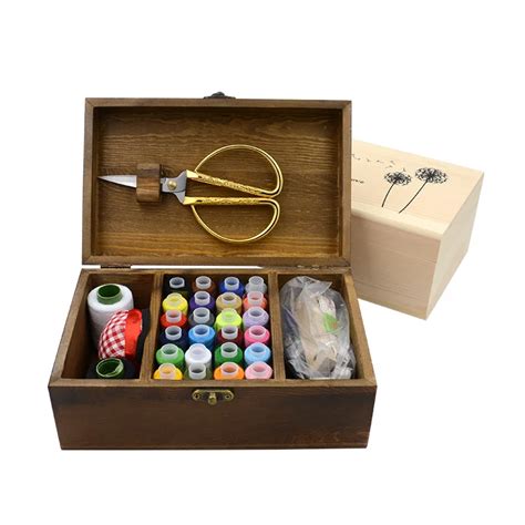 Natural Wood Multi function Sewing Kit Box Household Hand Sewing Box Kit Set Cross Stitch ...