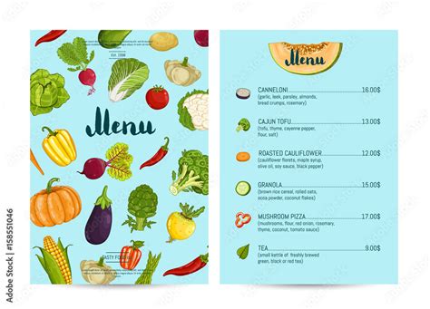 Vegan cafe food menu design vector illustration. Vegetarian restaurant menu, price catalog ...