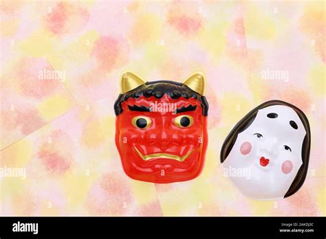 Japanese traditional Setsubun event, Masks of demon and okame are used ...