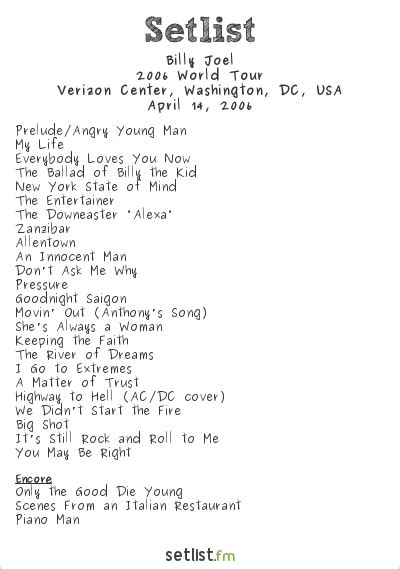 Billy Joel Setlist Verizon Center, Washington, DC, USA 2006, 2006 World ...