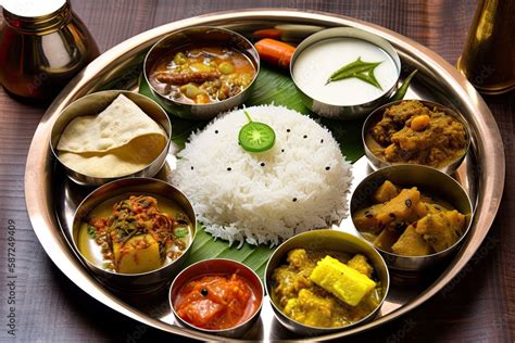 Stockillustratie Traditional Bengali cuisine and food meal thali of West Bengal, India. Bengali ...