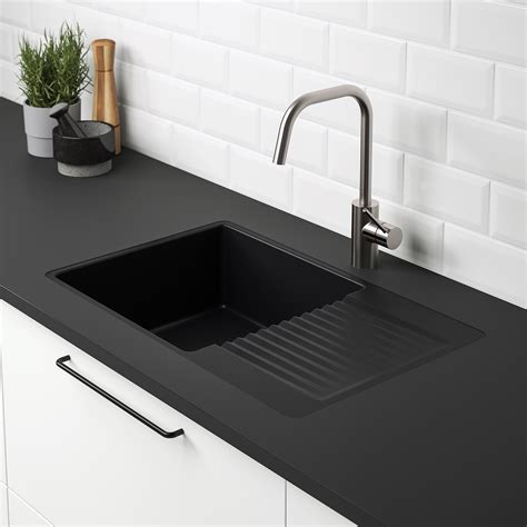 KILSVIKEN inset sink, 1 bowl with drainboard black quartz composite/for custom made worktop ...