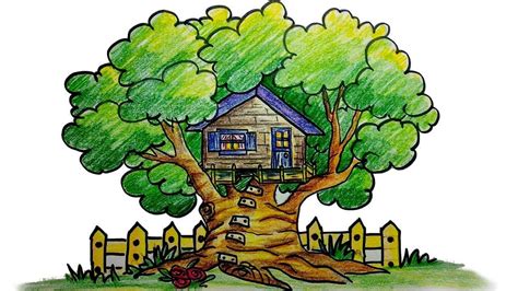 How to draw a tree house step by step - YouTube