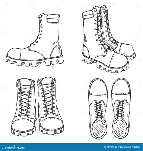 Vector Set of Sketch High Leather Army Boots. Side, Front and Top View Stock Vector ...