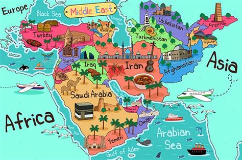 Middle East Countries Map in Cartoon Style | Middle east map, World map art, Cartoon map