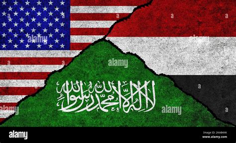 USA, Yemen and Saudi Arabia flag together on a textured wall. Relations ...