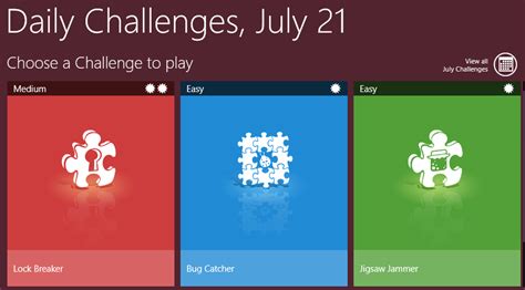 Screenshot of Daily Challenge modes in Microsoft Jigsaw Custom Puzzle, Daily Challenges, Jigsaws ...