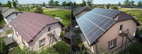 Collage of photos of installation and ready solar panels on the roof of ...