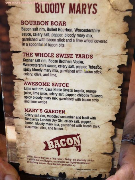 Menu at Bacon Bar, Las Vegas, N Rancho Dr