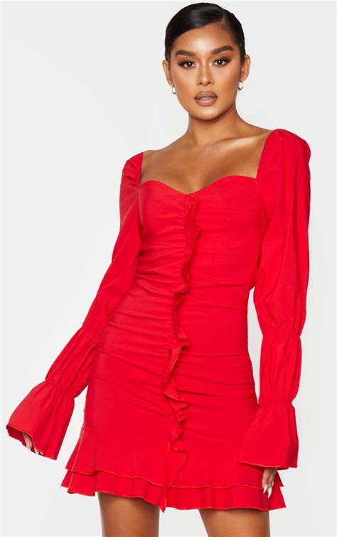 Red Ruched Front Frill Bardot Bodycon Dress | PrettyLittleThing