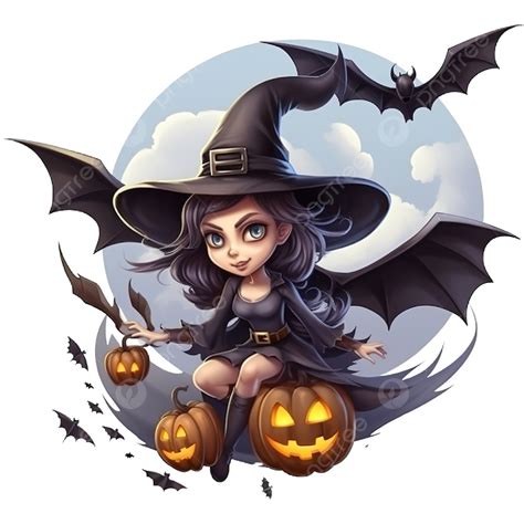 Witch Flying With Bats And Full Moon In Halloween Night Cartoon ...