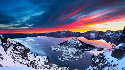 Crater Lake, beautiful winter, snow, sunrise, mountains, clouds ...