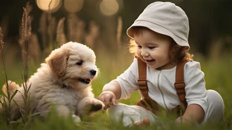 Premium Photo | Baby in a cute outfit playing with a puppy