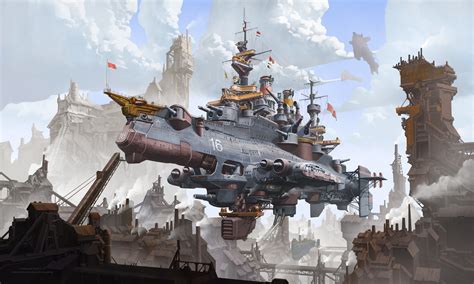 4K, digital, illustration, airships, clouds, steampunk, Fan Wennan ...