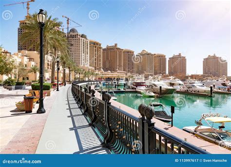 The Marina Waterfront Walkway at the Pearl in Doha, Qatar Stock Image - Image of outdoor, gulf ...