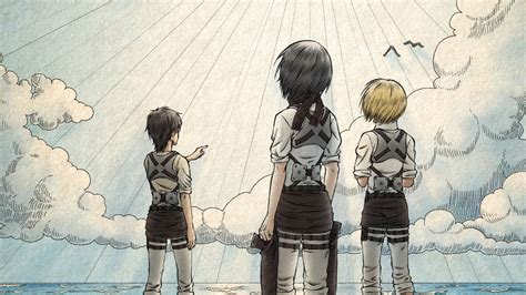 Attack On Titan Back View Armin Arlert Eren Yeager Mikasa Ackerman ...