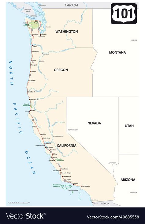 Map of us highway 101 on the west coast usa Vector Image