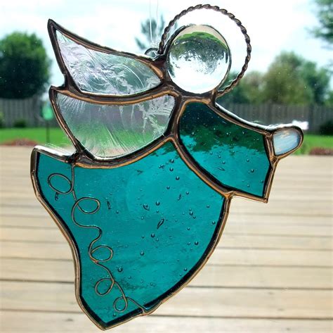Teal angel stained glass suncatcher | Stained glass angel, Stained glass ornaments, Stained ...