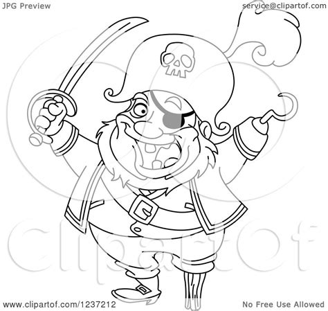 Clipart of a Black and White Pirate Captain with a Hook Hand and Sword ...