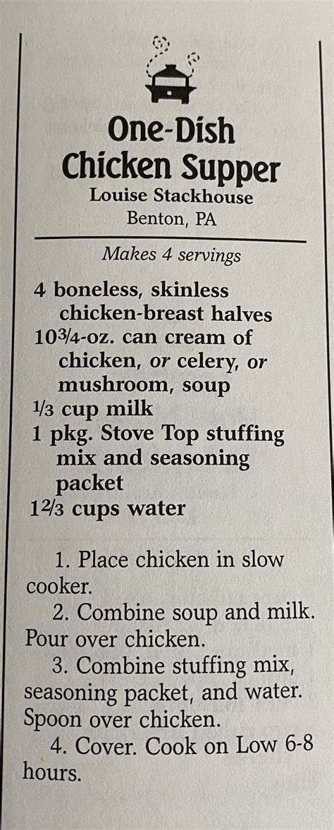 the recipe for chicken supper is shown in black and white, with instructions to make it