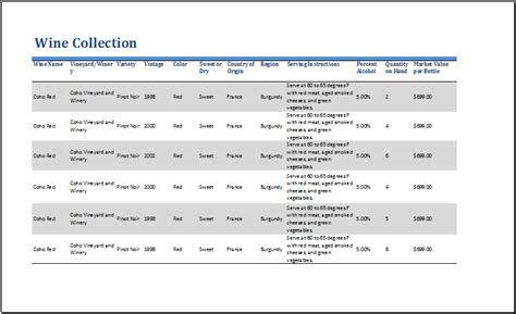 Wine Collection Inventory Template
