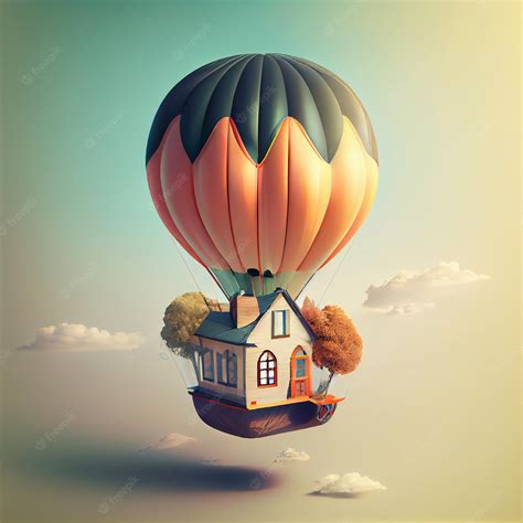 Premium Photo | Flying house with hot air balloon 3d render illustration