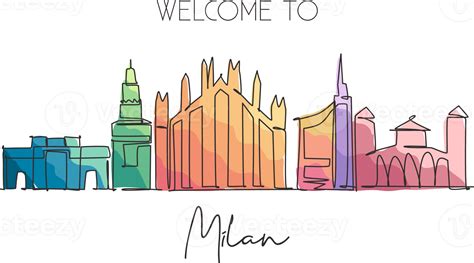 Single continuous line drawing of Milan city skyline, Italy. Famous city skyscraper landscape in ...