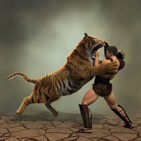 3D Illustration of a Gladiator Fighting with a Tiger Stock Illustration ...