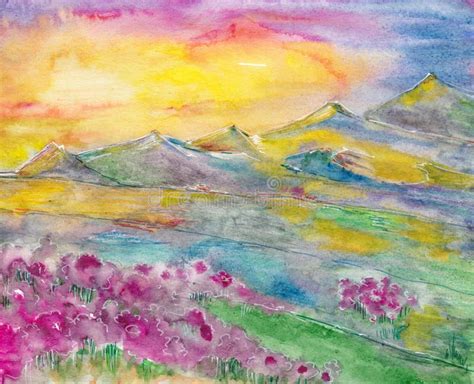 Sunset in the Mountains. Watercolor Painting Stock Photo - Image of ...