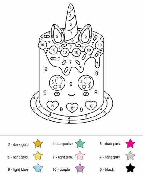 Unicorn cake color by number - Download, Print Now!