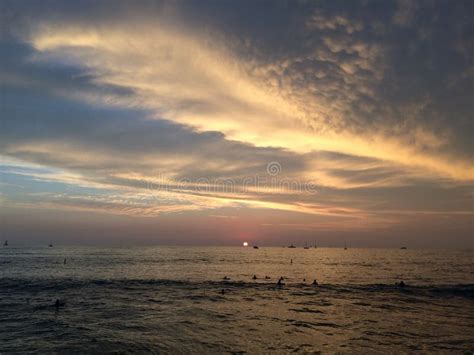 Sunset Above Pacific Ocean - View from Waikiki Wall in Honolulu on Oahu Island, Hawaii. Stock ...