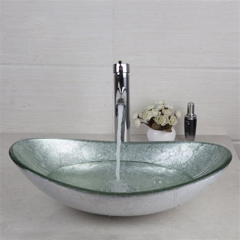 Tempered Glass Vessel Bathroom Vanity Sink, Artistic Oval Washing Bowl - newbuy