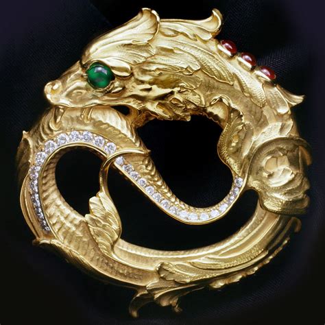 Fantastical dolphin brooch in 18k gold and inlaid with precious stones ...