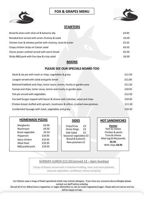 Menu at Fox & Grapes pub & bar, Pudsey, Fox & Grapes