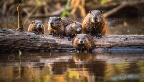 Beaver family enjoys pond in tranquil forest generated by AI 24568002 Stock Photo at Vecteezy