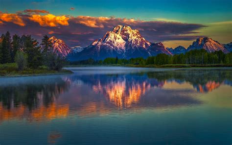 Download Reflection Sunset Evening Mountain Nature Lake HD Wallpaper