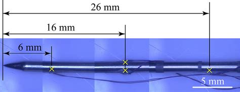 Cryoprobe with thermocouples attached on the surface. | Download ...